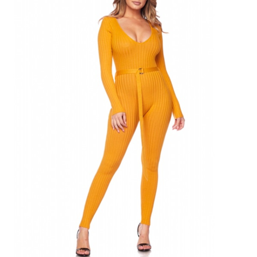 Ribbed Knit Jumpsuit in Mustard